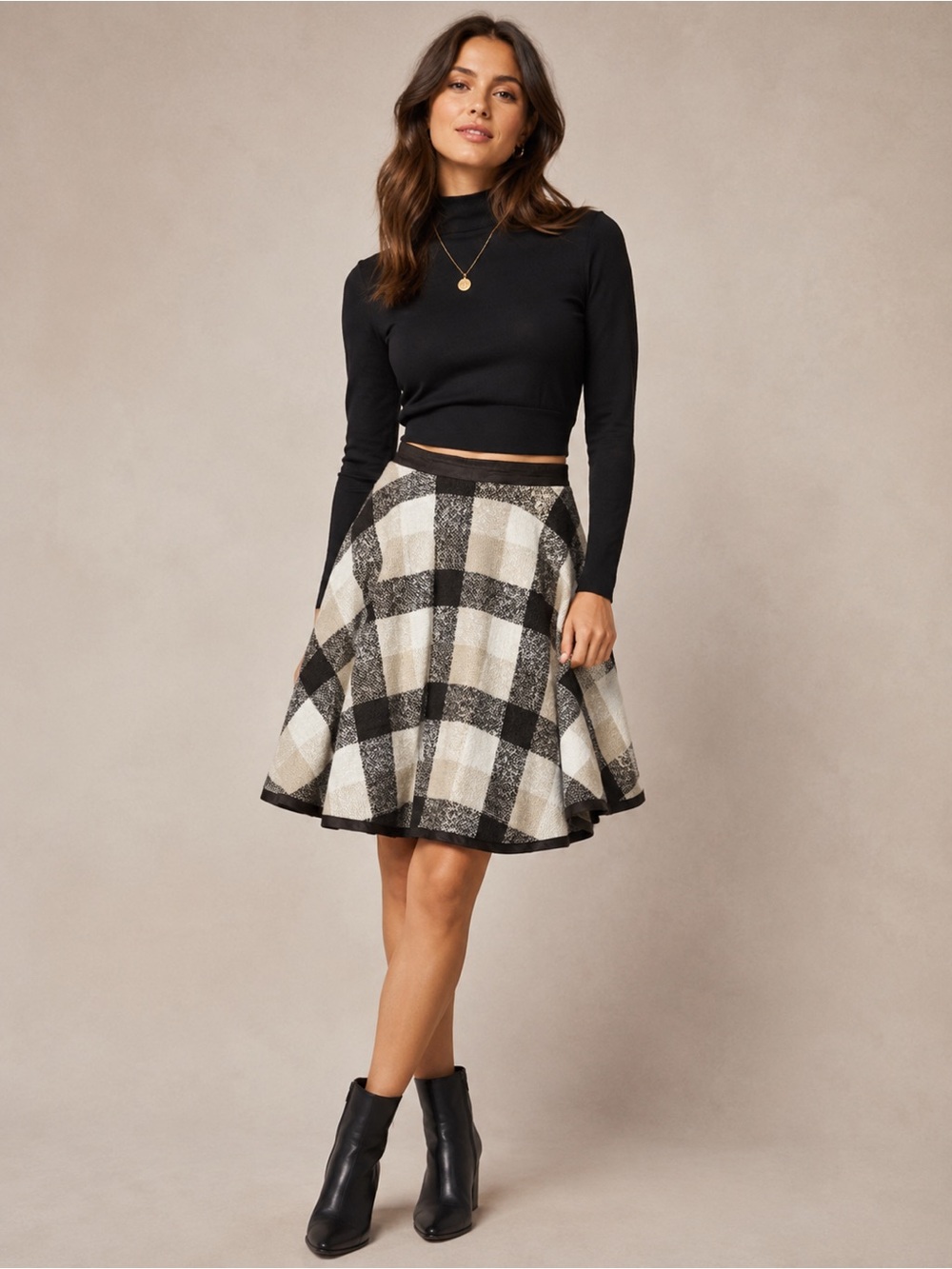 Ryu Anthropologie Plaid Skater Skirt in Brown and Cream‎ Women's Large